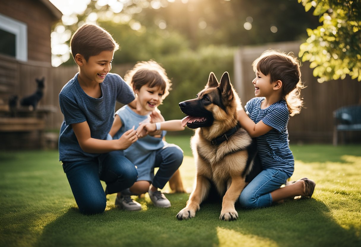 A German shepherd plays with children in a backyard, showing loyalty and protectiveness towards the family