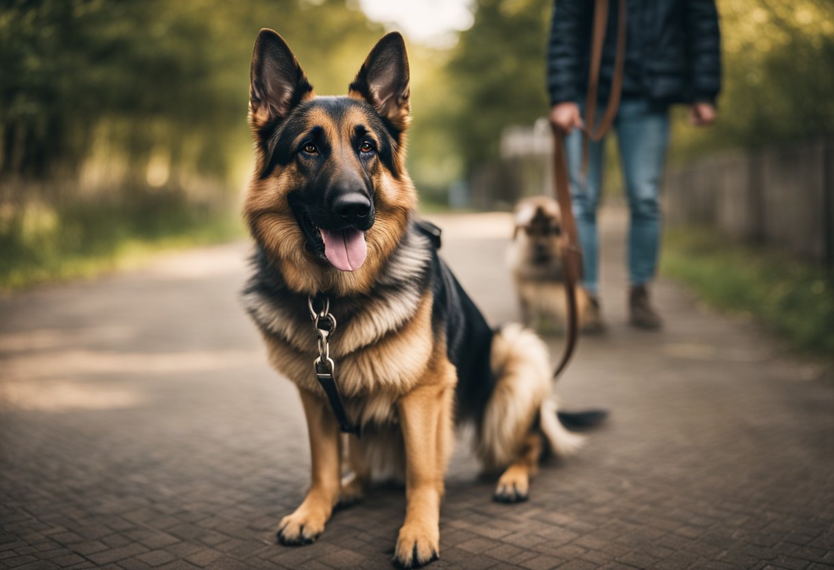 A German shepherd stands confidently, ears perked, tail wagging. A leash dangles from its collar, symbolizing the responsibility of owning such a strong and intelligent breed