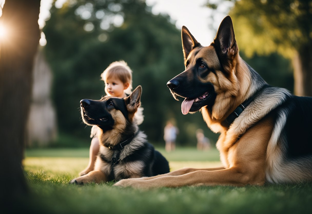 A German shepherd sits beside a family, playing with children and showing loyalty and protectiveness