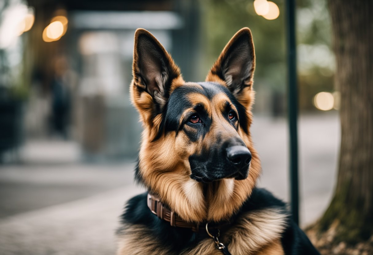 A German shepherd sits attentively, ears perked, in front of a sign that reads "Frequently Asked Questions: Are German Shepherds Good Pets?"