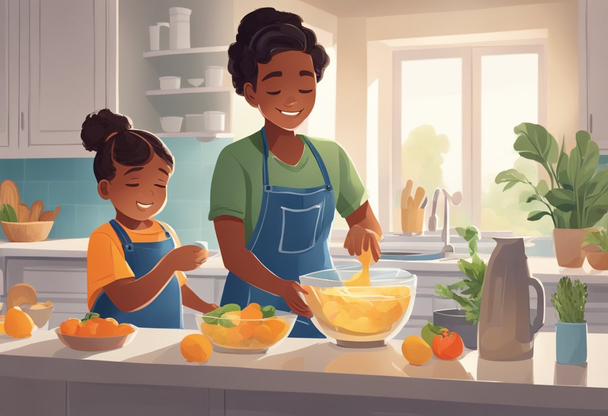 A child stands at a kitchen counter, confidently pouring ingredients into a bowl. A parent observes from a distance, allowing the child to take the lead in preparing a meal