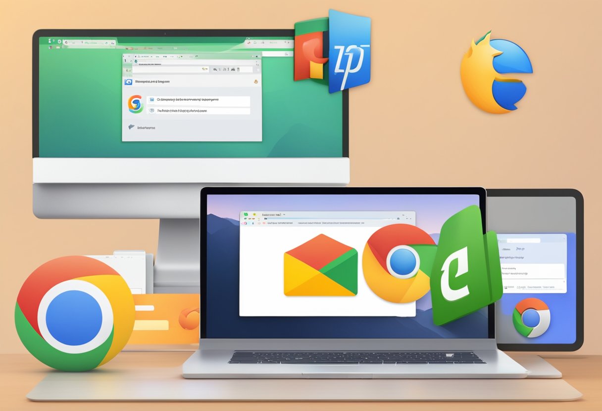 A computer screen with different operating system logos (Windows, Mac, Linux) and a browser icon (Chrome, Firefox, Safari) next to an open email client with a "change default browser" prompt