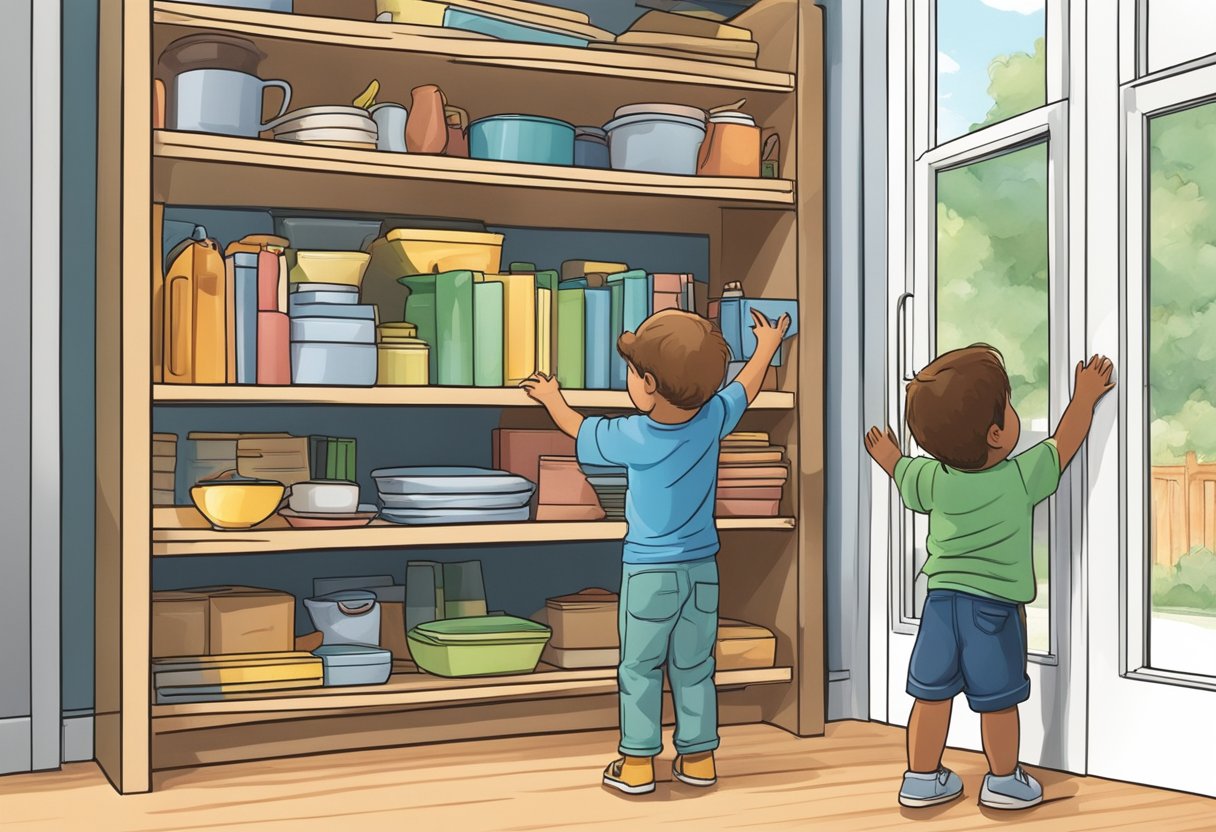 A child reaching for a high shelf, while a parent stands nearby, ready to assist if needed