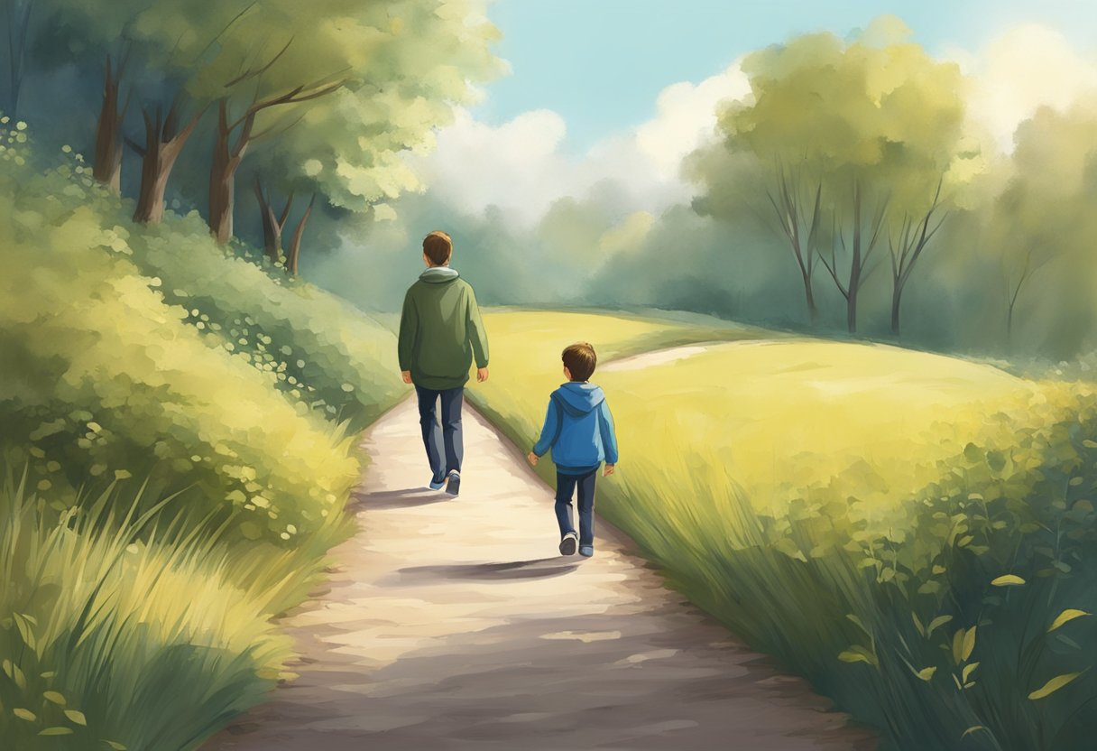 A child walks along a path, gradually moving away from a parent figure. The parent watches from a distance, ready to step in if needed. The scene exudes a sense of trust and support as the child gains independence