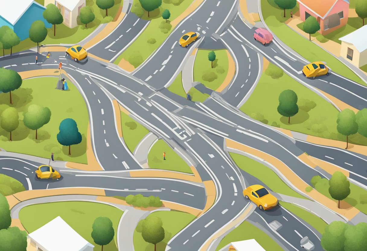A child stands at a crossroads, with various paths leading in different directions. The child's surroundings show signs of growth and change, symbolizing the gradual release of responsibility and fostering of independence