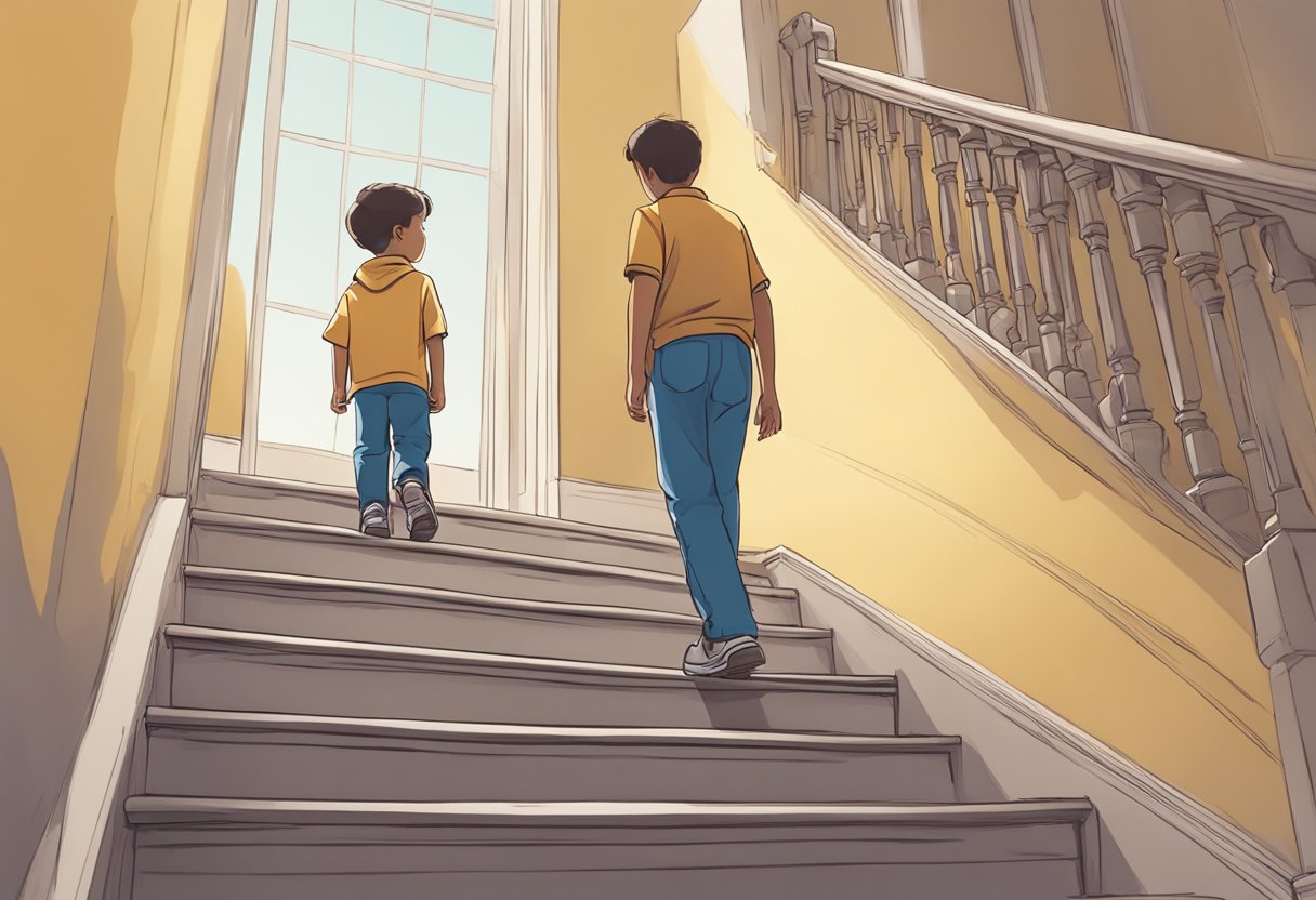 A child stands at the top of a staircase, looking confidently down at the steps. A parent stands at the bottom, watching with pride as the child takes each step with increasing independence