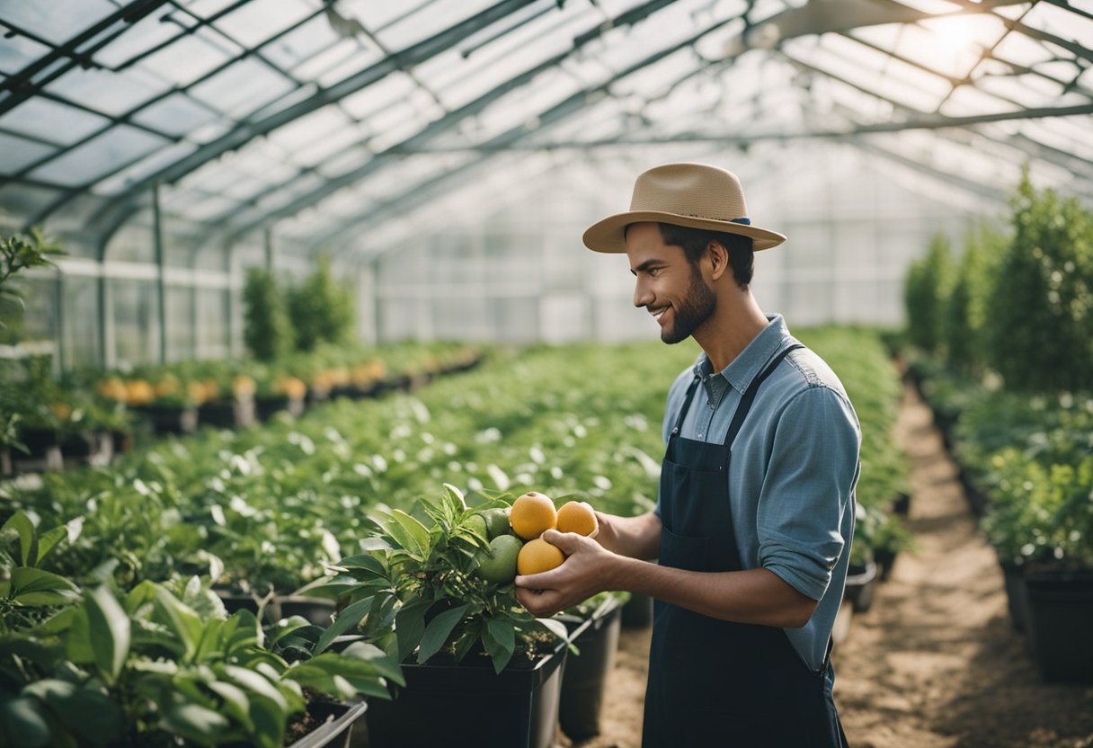 A person selecting fruit trees for greenhouses, surrounded by various potted trees and plants, with a backdrop of a spacious, well-lit greenhouse