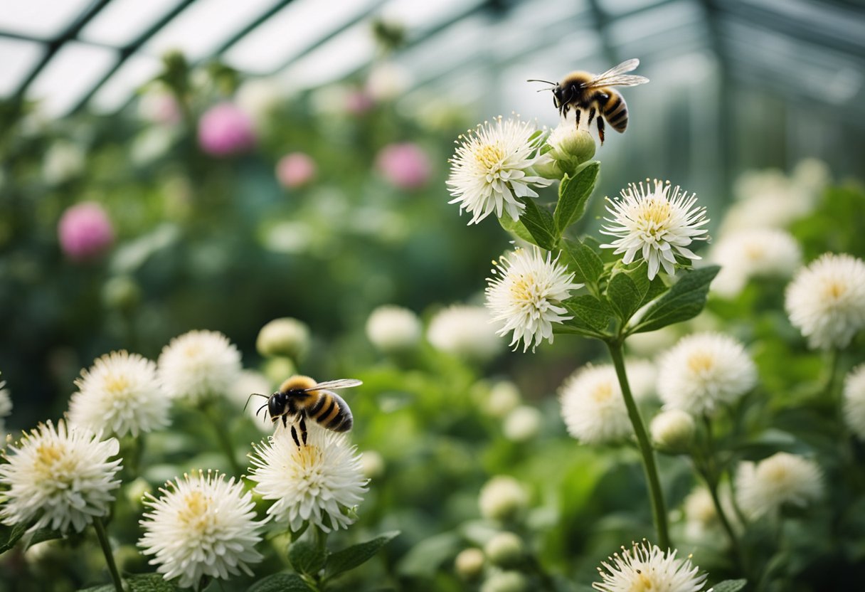 Bees pollinate fruit trees in a greenhouse. Flowers transform into developing fruit