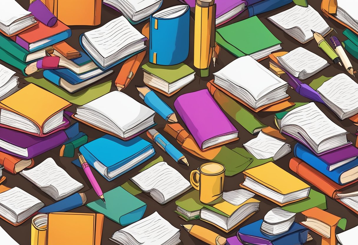 A diverse group of books, pens, and paper arranged in a colorful and inviting manner, representing the importance of reading and writing activities for literacy development