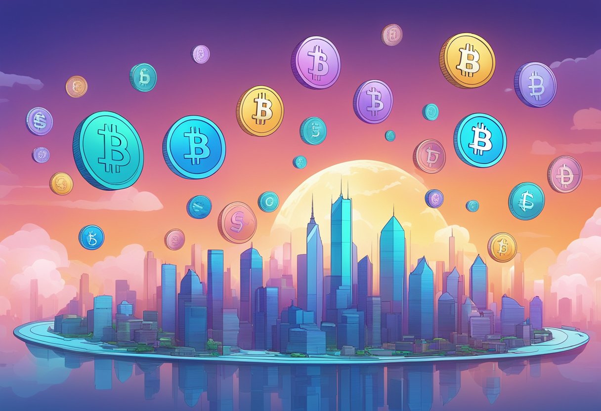 Various digital currencies floating above a futuristic city skyline