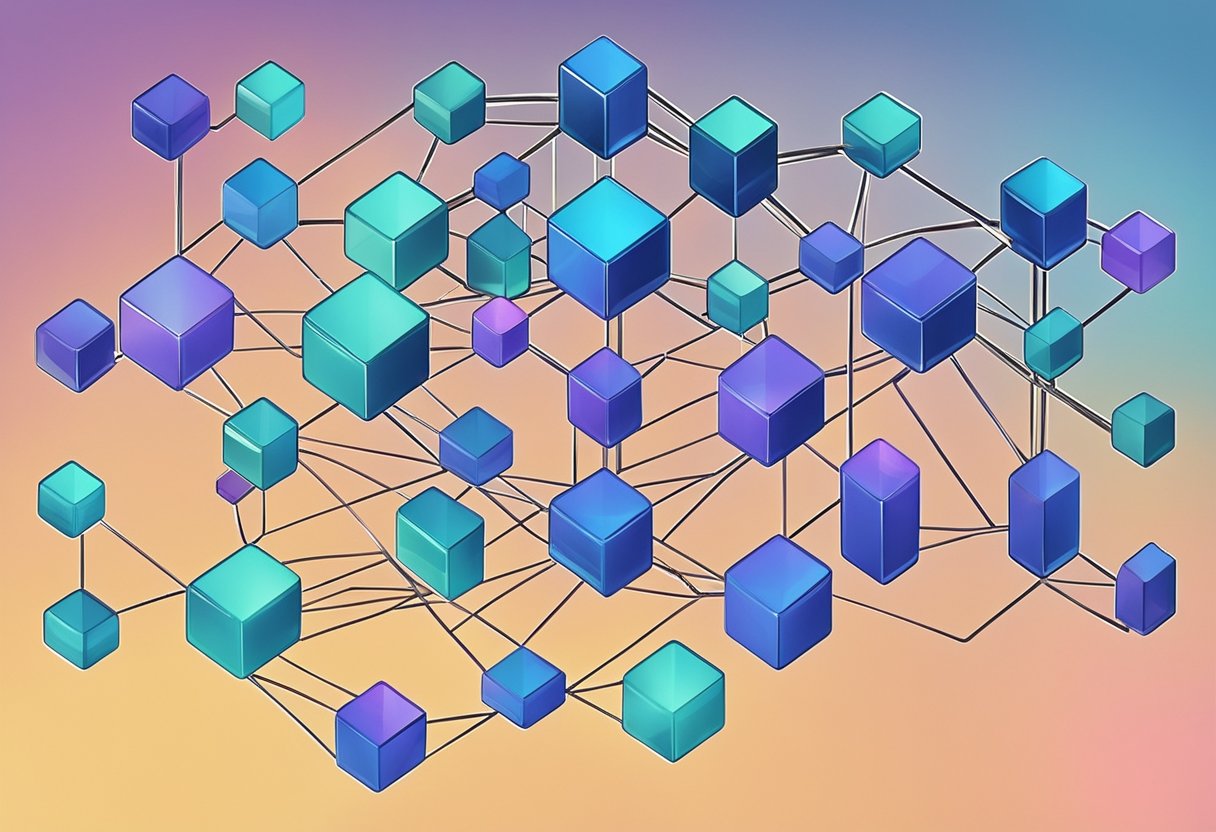 A network of interconnected blocks, each containing encrypted data, symbolizing the secure and decentralized nature of blockchain technology