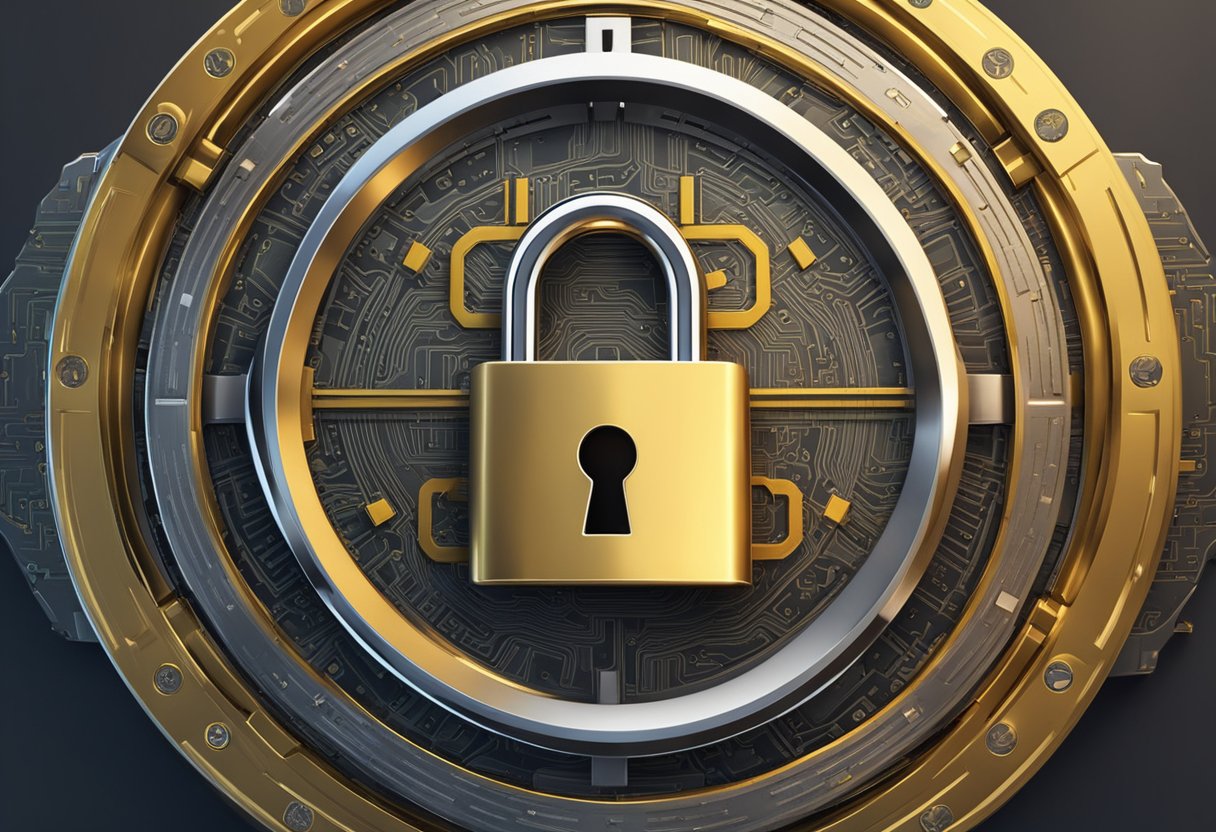 A padlock icon surrounded by a shield with a digital currency symbol, representing security in digital currencies