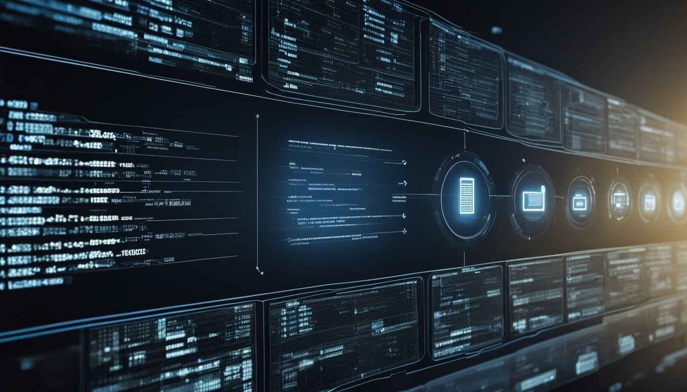 A computer screen displays the process of creating domains and hosting, with lines connecting servers and domains. Icons represent implementation steps