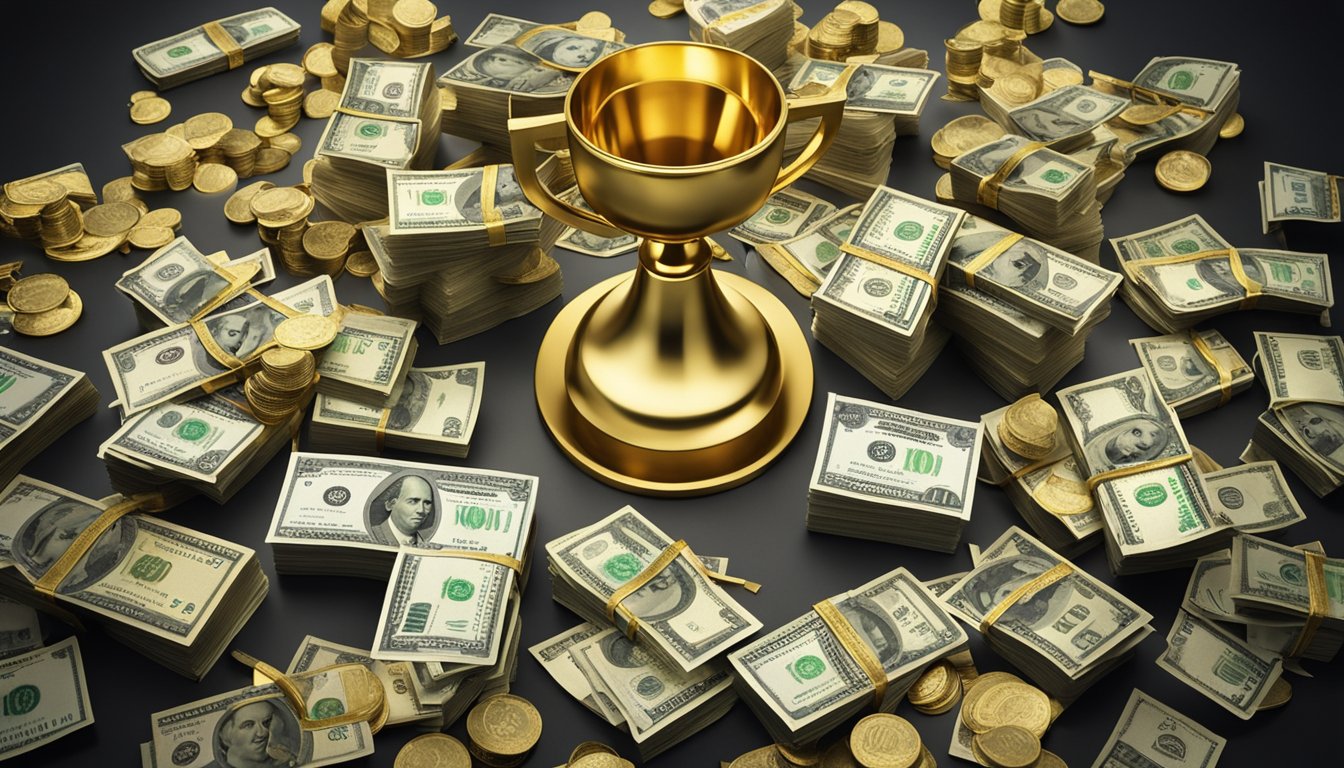 A pile of money bags surrounded by charts, graphs, and financial reports. A golden trophy symbolizing success sits on top
