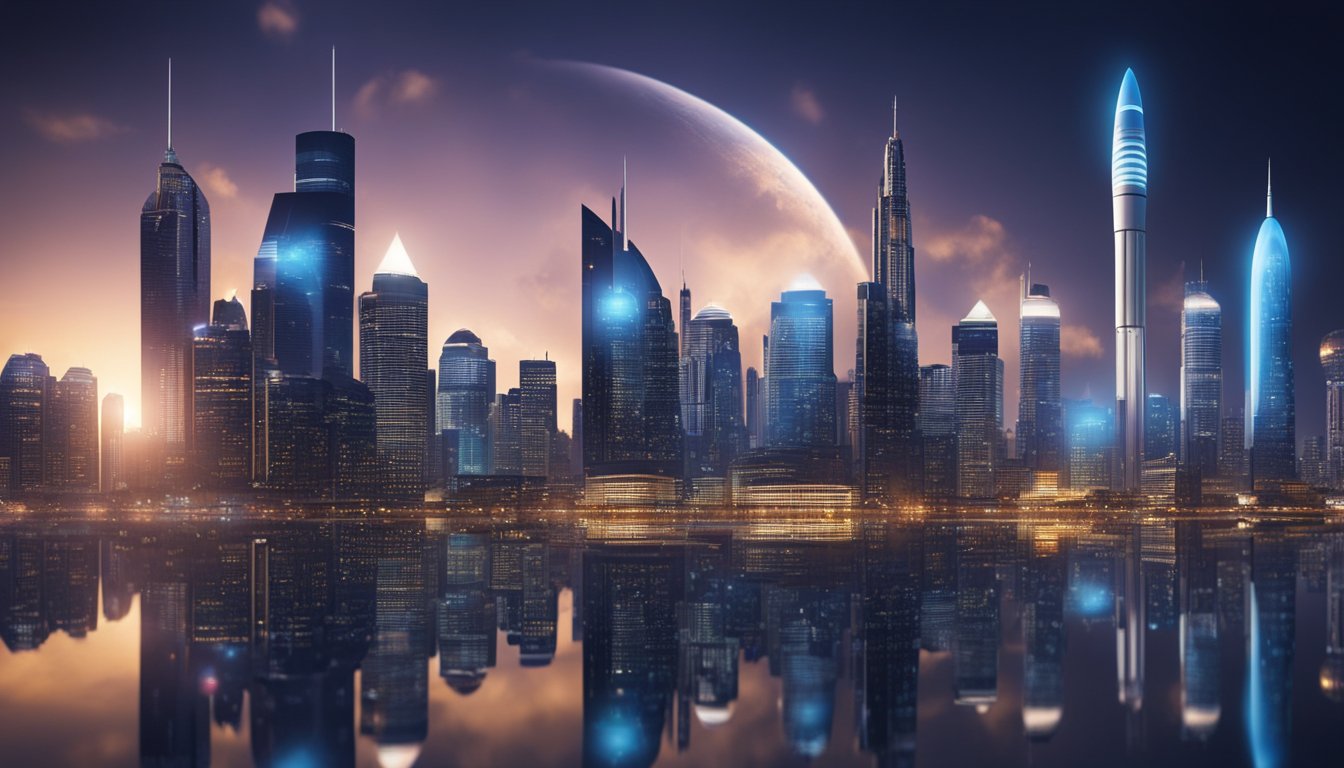 A futuristic city skyline with glowing tech companies, financial charts, and a rocket symbolizing growth
