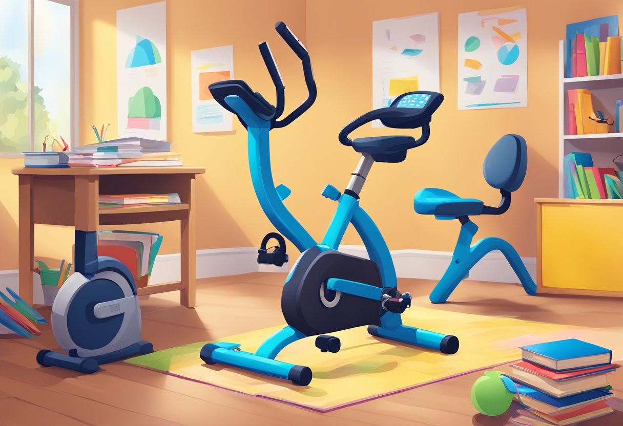 Incorporating Movement and Physical Activity into Homework Time: Fun Strategies for Active Learning Physical Activity LearningMole A child's desk with a stationary bike attached, books and papers scattered, and a colorful poster of active exercises on the wall