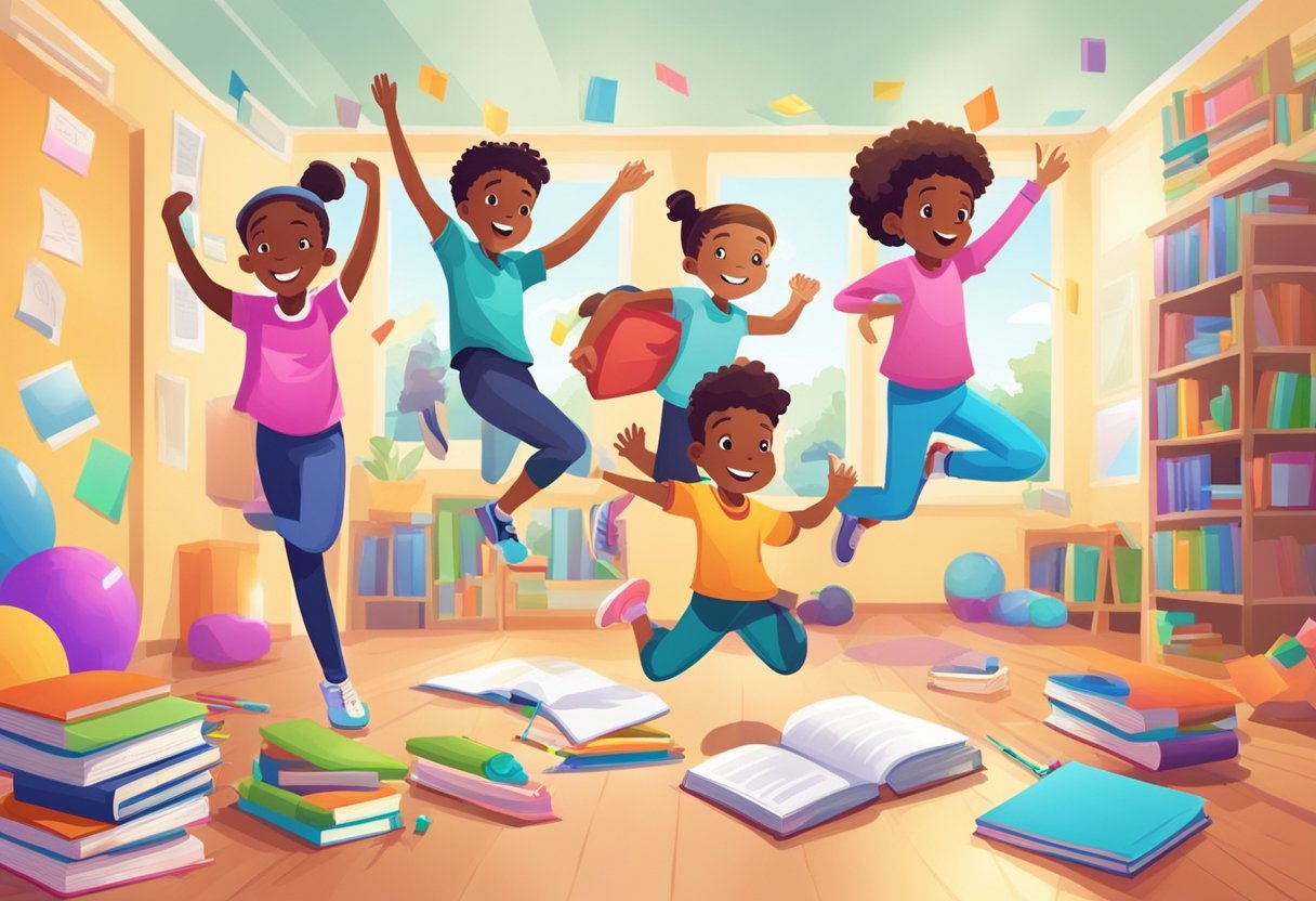 Incorporating Movement and Physical Activity into Homework Time: Fun Strategies for Active Learning Physical Activity LearningMole Children jumping, stretching, and dancing while doing homework. Books and pencils scattered around a room with colorful posters promoting exercise and fitness