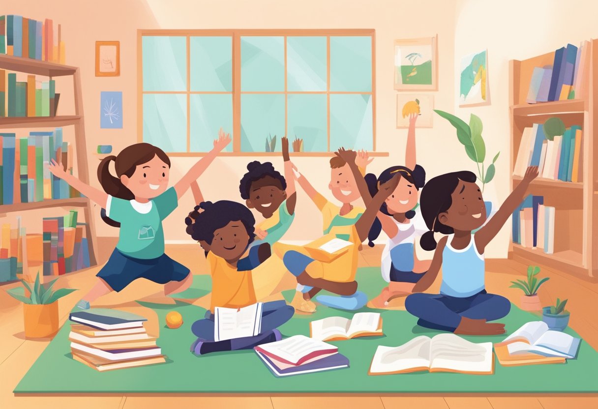 Incorporating Movement and Physical Activity into Homework Time: Fun Strategies for Active Learning Physical Activity LearningMole Children engaged in various physical activities while studying, such as stretching, dancing, or doing yoga poses. Books and notebooks are scattered around the room, indicating a balance between movement and academics