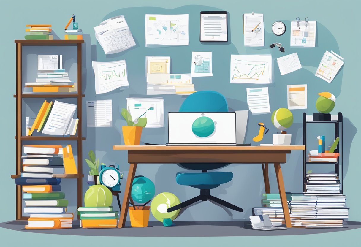 Incorporating Movement and Physical Activity into Homework Time: Fun Strategies for Active Learning Physical Activity LearningMole A desk with scattered papers and a laptop, surrounded by exercise equipment and a timer. A bookshelf filled with educational materials and a whiteboard with movement-related equations