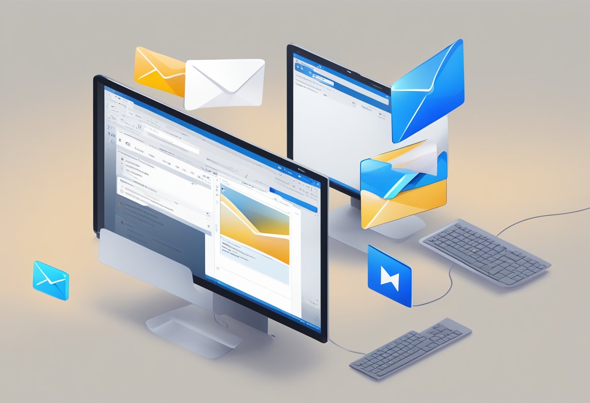 A computer screen with an open email interface showing the process of embedding a video in an Outlook email. A mouse cursor hovers over the "insert video" button