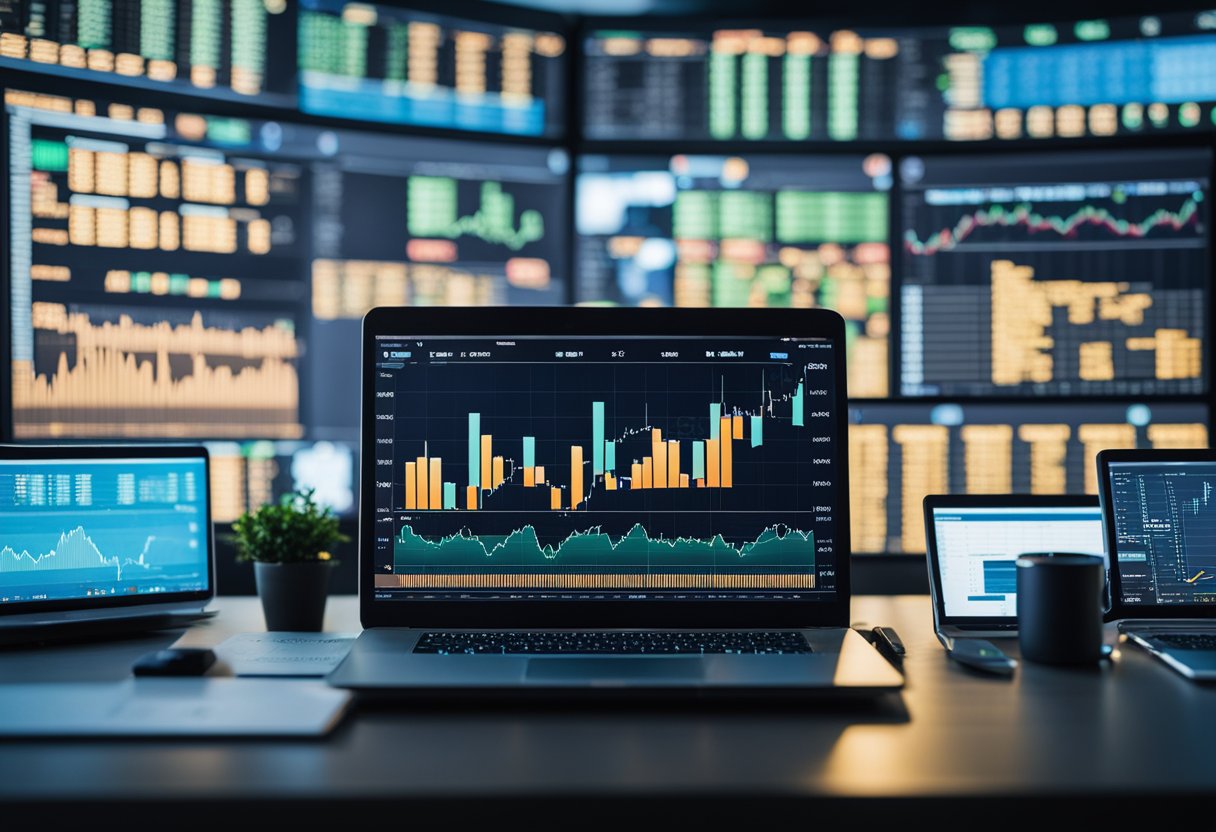 A computer screen shows digital currency charts and trading platforms with various strategies and indicators displayed