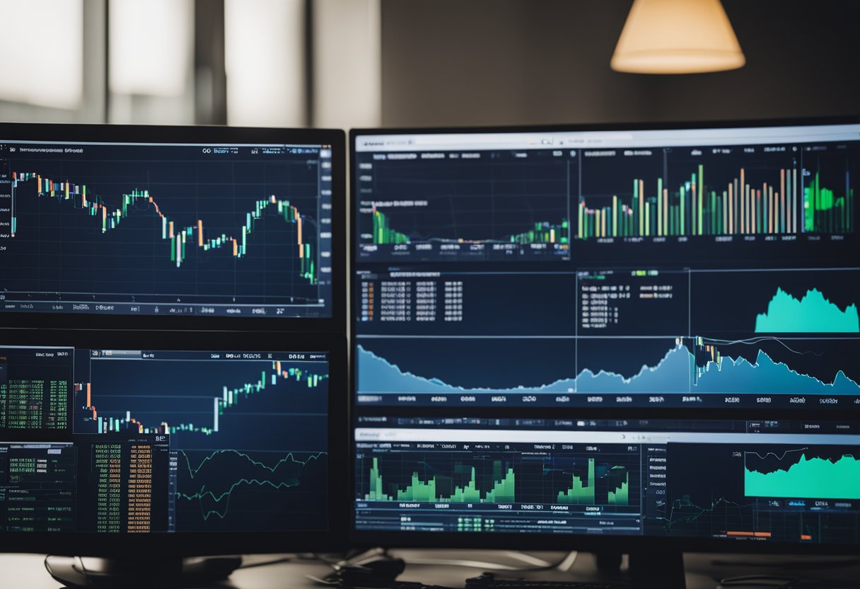 A computer screen displays cryptocurrency trading charts and graphs, surrounded by various digital devices and financial charts