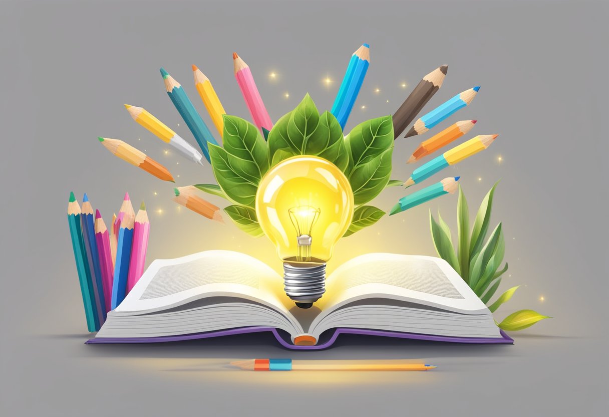A bright lightbulb hovers over an open book, surrounded by colorful pencils and a sprouting plant, symbolizing growth and learning