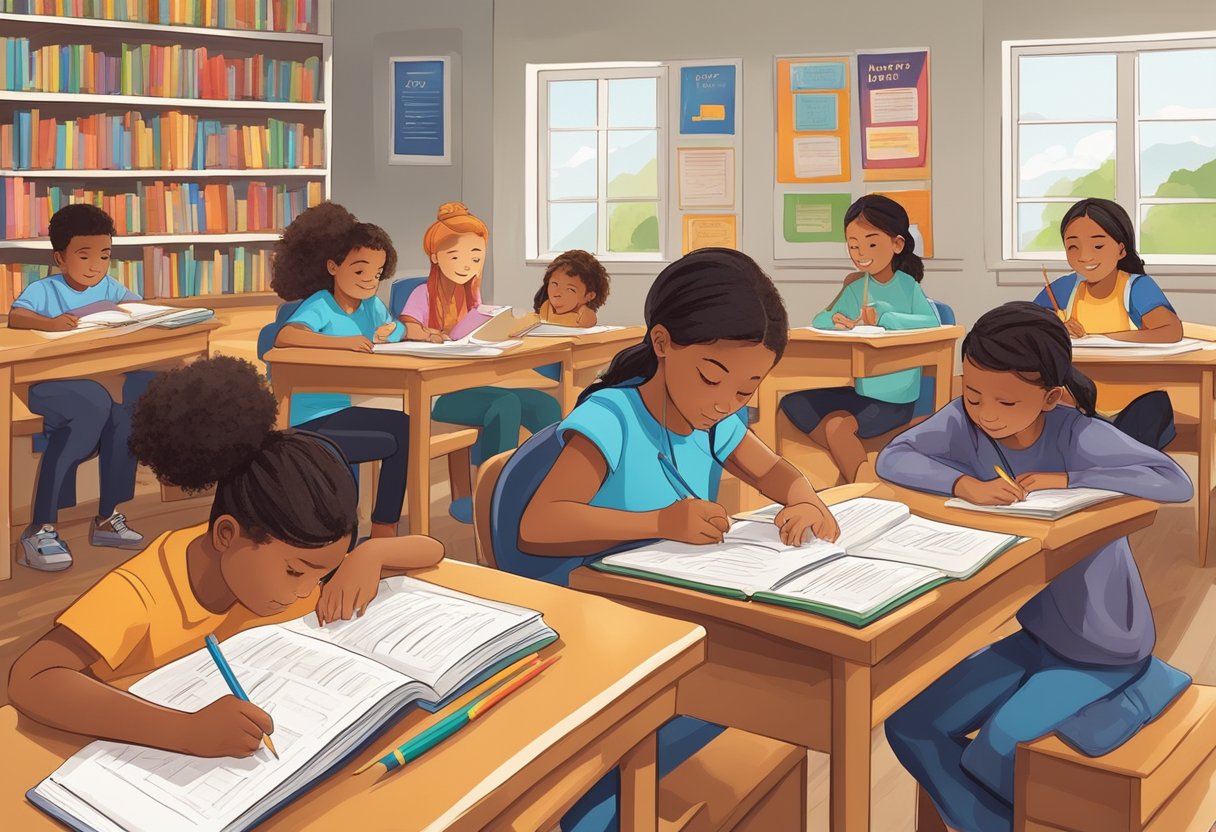 Students eagerly engaging with homework, surrounded by books, pencils, and a positive atmosphere. Encouraging words and growth mindset posters adorn the walls, fostering a love for learning
