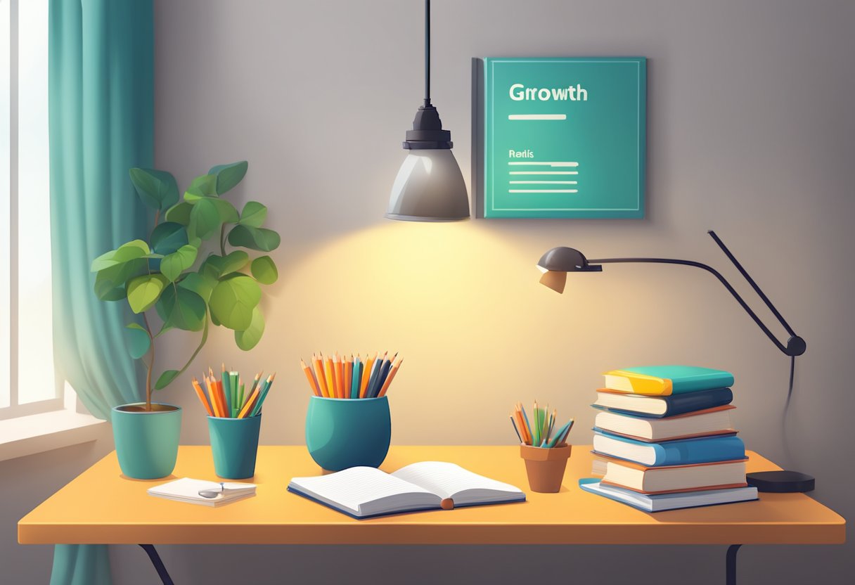 A desk with open textbooks, pencils, and a notebook. A growth mindset poster on the wall. A bright lamp illuminates the workspace