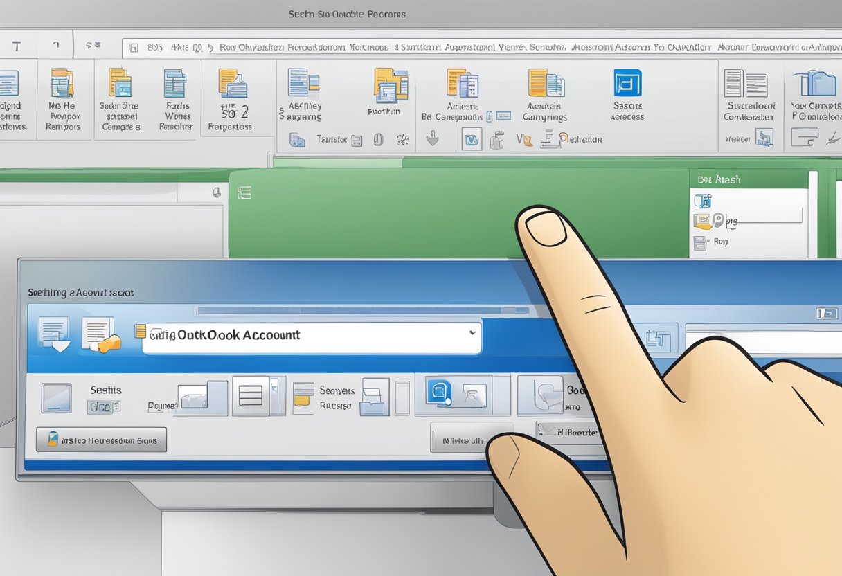A computer screen displays the "Setting Up Your Outlook Account" page. A hand hovers over the keyboard, ready to send/receive in new Outlook