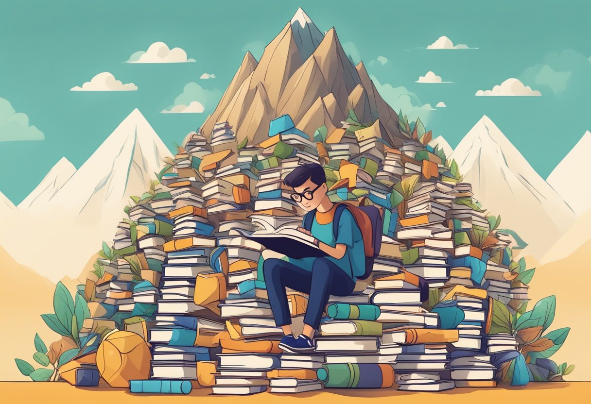 A student faces a mountain of homework, but also sees books and tools for learning, symbolizing challenges and opportunities in nurturing a growth mindset towards homework and learning