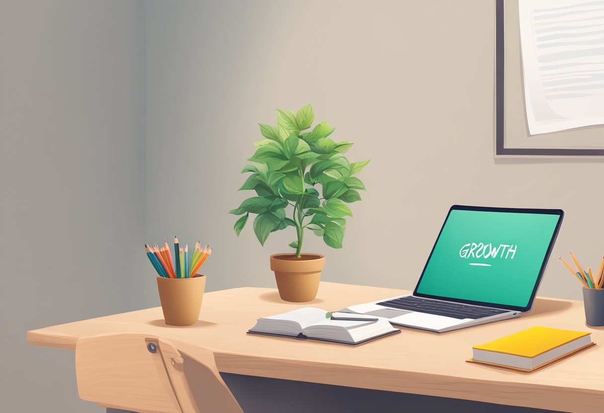 A desk with open textbooks, a pencil, and a notebook. A growth mindset poster on the wall. A plant on the desk symbolizing growth and progress
