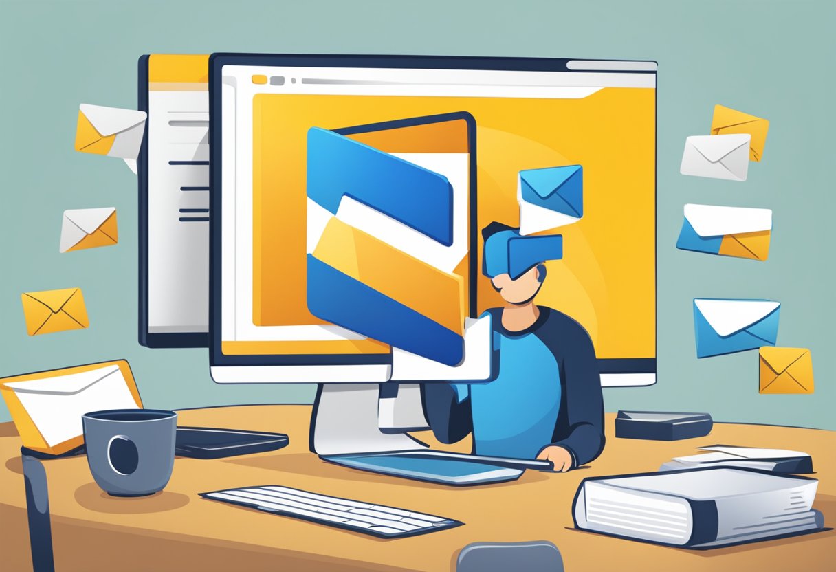 Outlook logo with strikethrough email icon. User puzzled expression