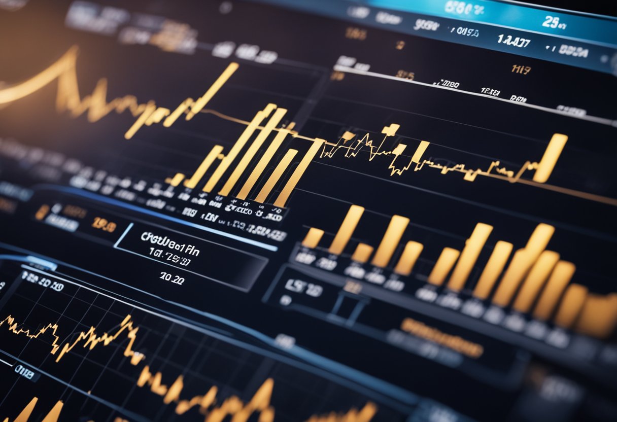 A chart showing rising and falling cryptocurrency values, with arrows indicating market forecasts