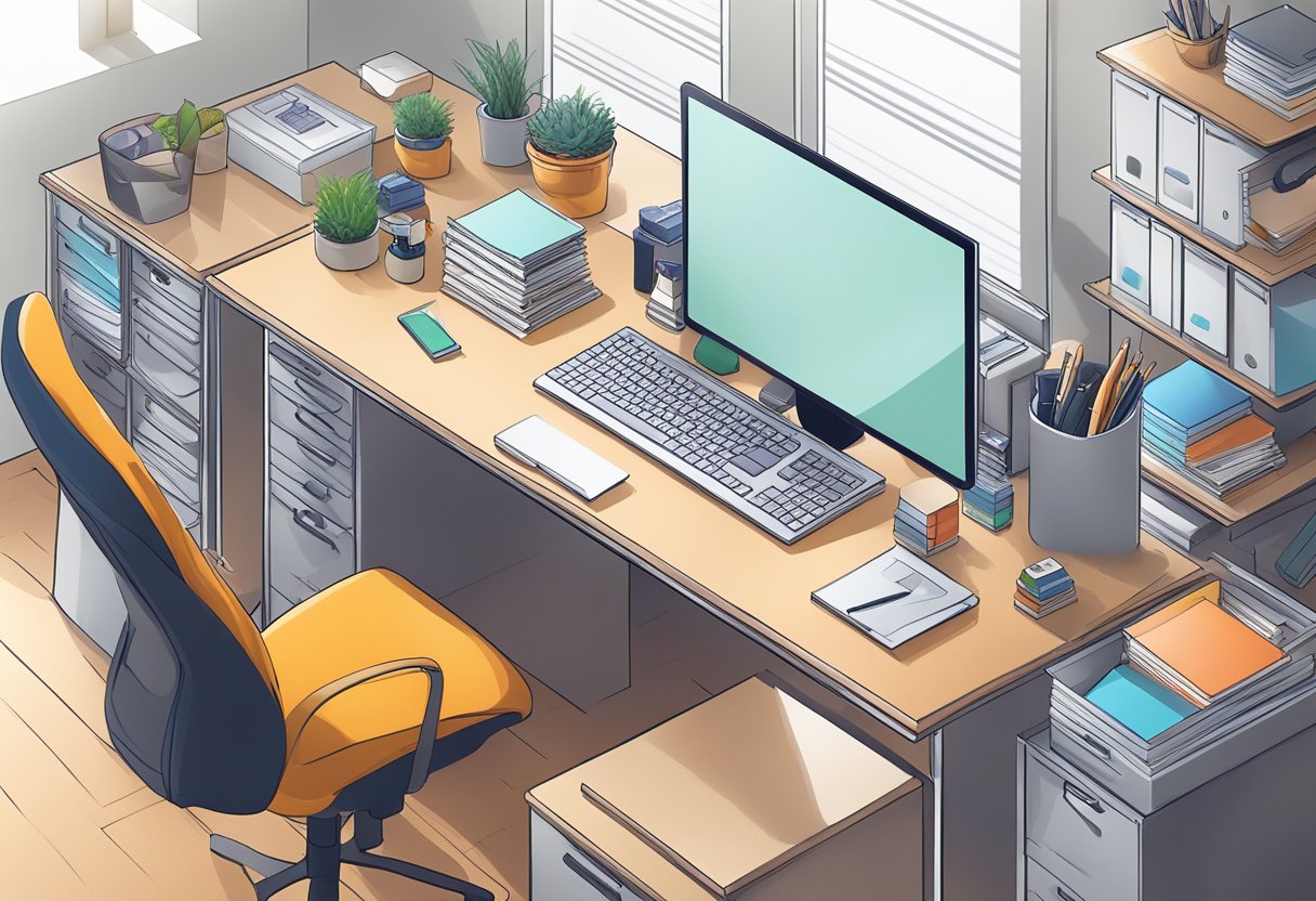 The Importance of Materials and Workspaces Organisation for Enhanced Productivity organisation, workspace LearningMole Materials neatly arranged on a spacious desk, with labeled storage containers and a clear workspace for efficient productivity