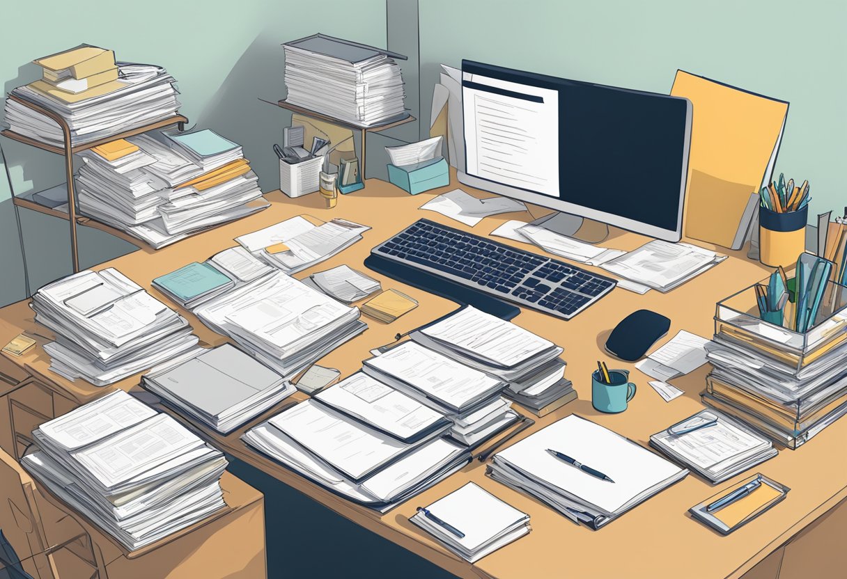 The Importance of Materials and Workspaces Organisation for Enhanced Productivity organisation, workspace LearningMole A cluttered desk with scattered papers, pens, and disorganized shelves. A labeled filing system and tidy workspace nearby