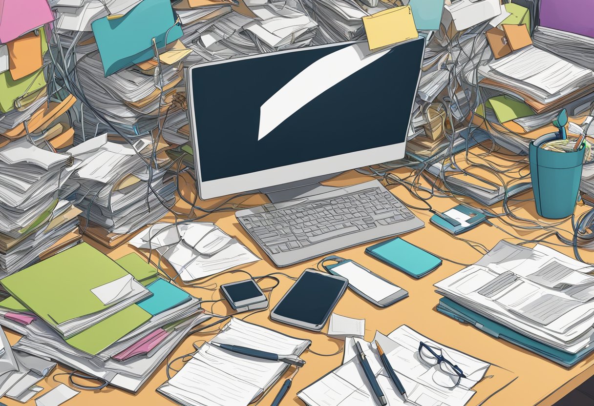 The Importance of Materials and Workspaces Organisation for Enhanced Productivity organisation, workspace LearningMole A cluttered desk with scattered papers, tangled cords, and overflowing folders. Digital devices and office supplies are haphazardly strewn about, creating a chaotic and disorganized workspace