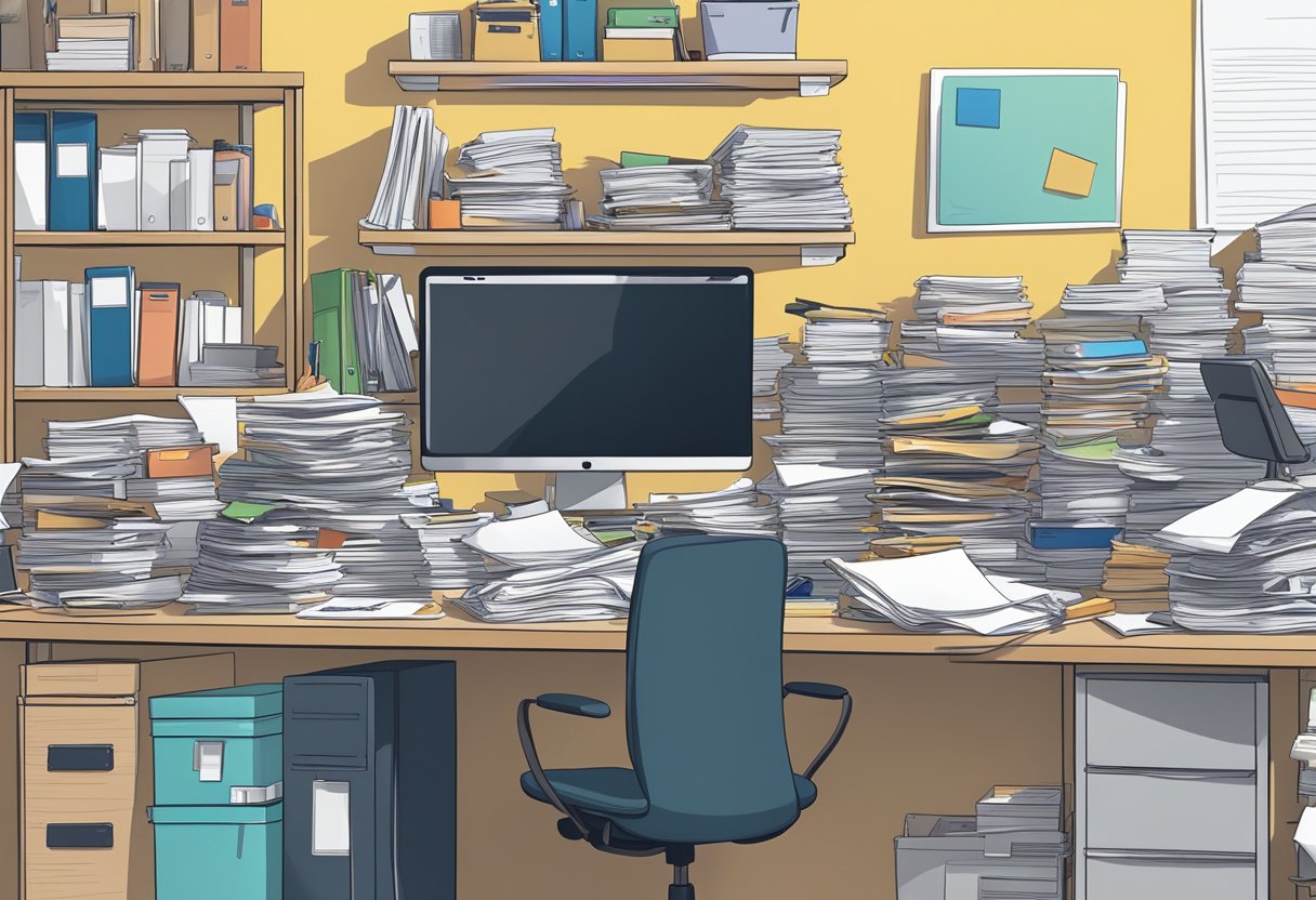 The Importance of Materials and Workspaces Organisation for Enhanced Productivity organisation, workspace LearningMole A cluttered desk with scattered papers, disorganized folders, and overflowing bins. A clear contrast to an orderly workspace with neatly labeled shelves and color-coded filing systems