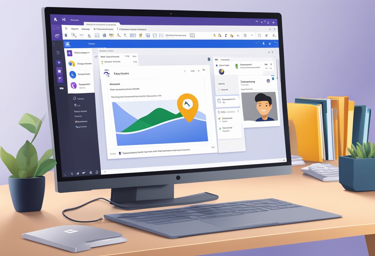 A computer screen with Microsoft Teams and Outlook open, with a user dragging and dropping the Teams icon into the Outlook interface