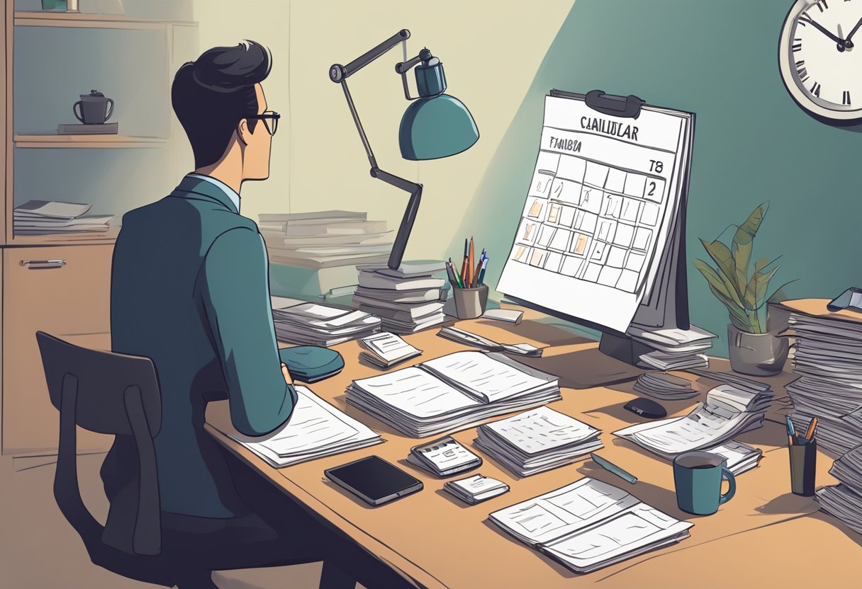 A cluttered desk with a calendar, to-do list, and crossed off tasks. A clock ticking in the background. A person's shadow looming over the desk