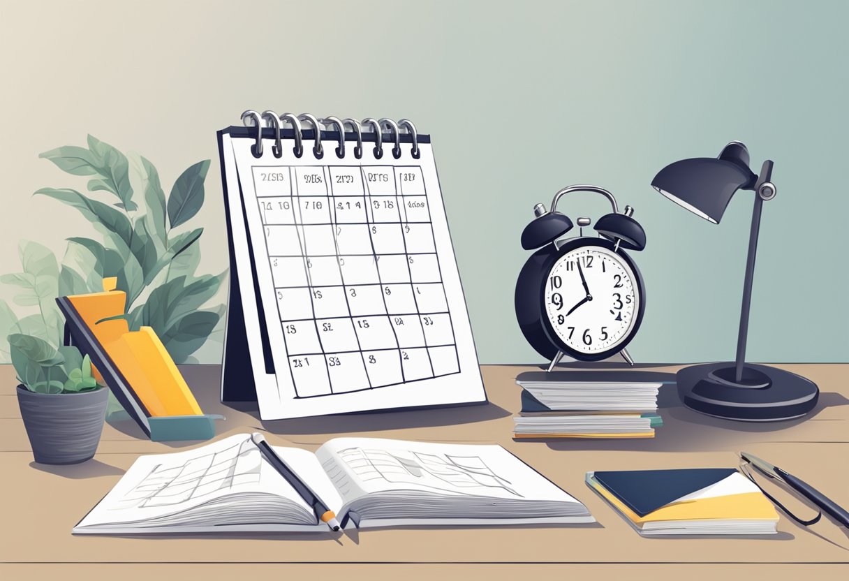 A desk with a calendar, to-do list, and motivational quotes. A clock showing progress. A clear path forward, with distractions in the background