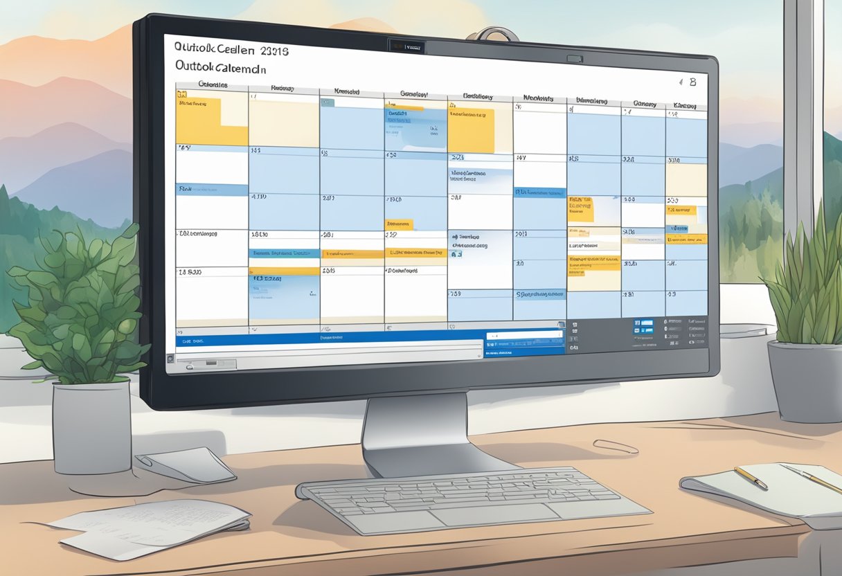 A computer screen displaying Outlook calendar with a meeting scheduled. A pop-up window shows options to change the meeting organizer