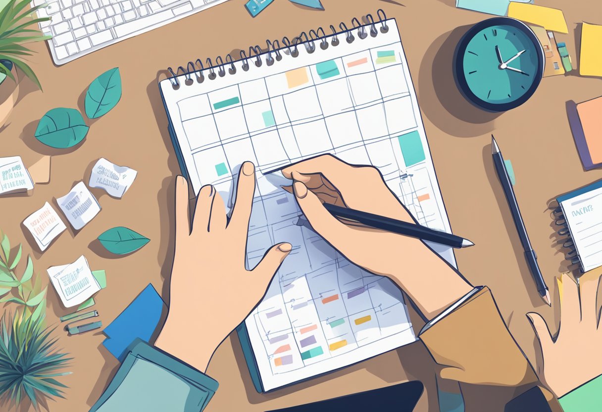 A cluttered desk with a calendar, to-do list, and timer. A person's hand reaching for a notebook with accountability goals written on it