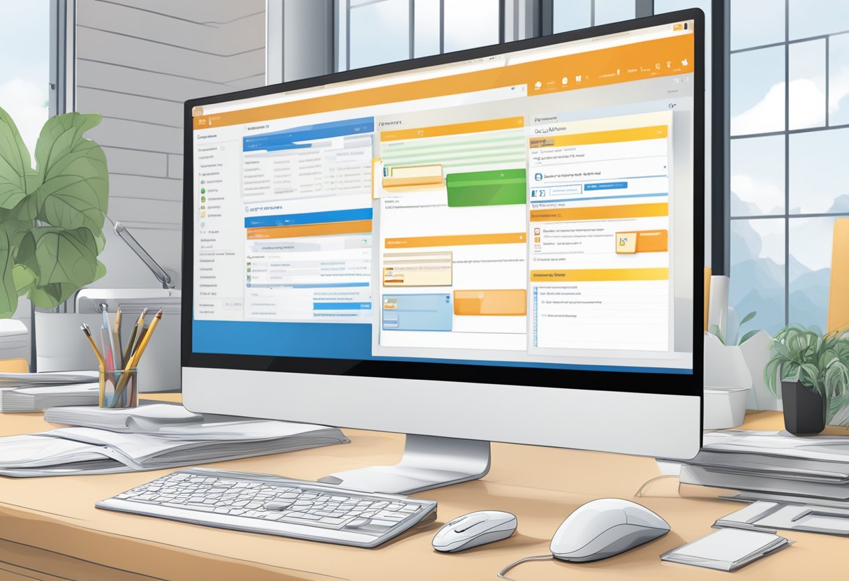 A computer screen displaying the Outlook interface with folders and emails organized, a search bar, and a mouse pointer hovering over the folders