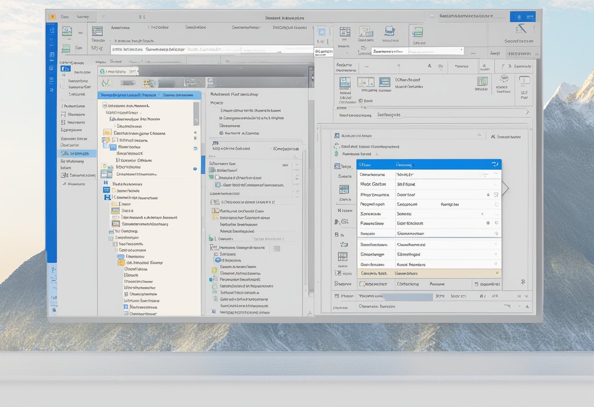 Outlook interface with default mail view, toolbar, and settings menu