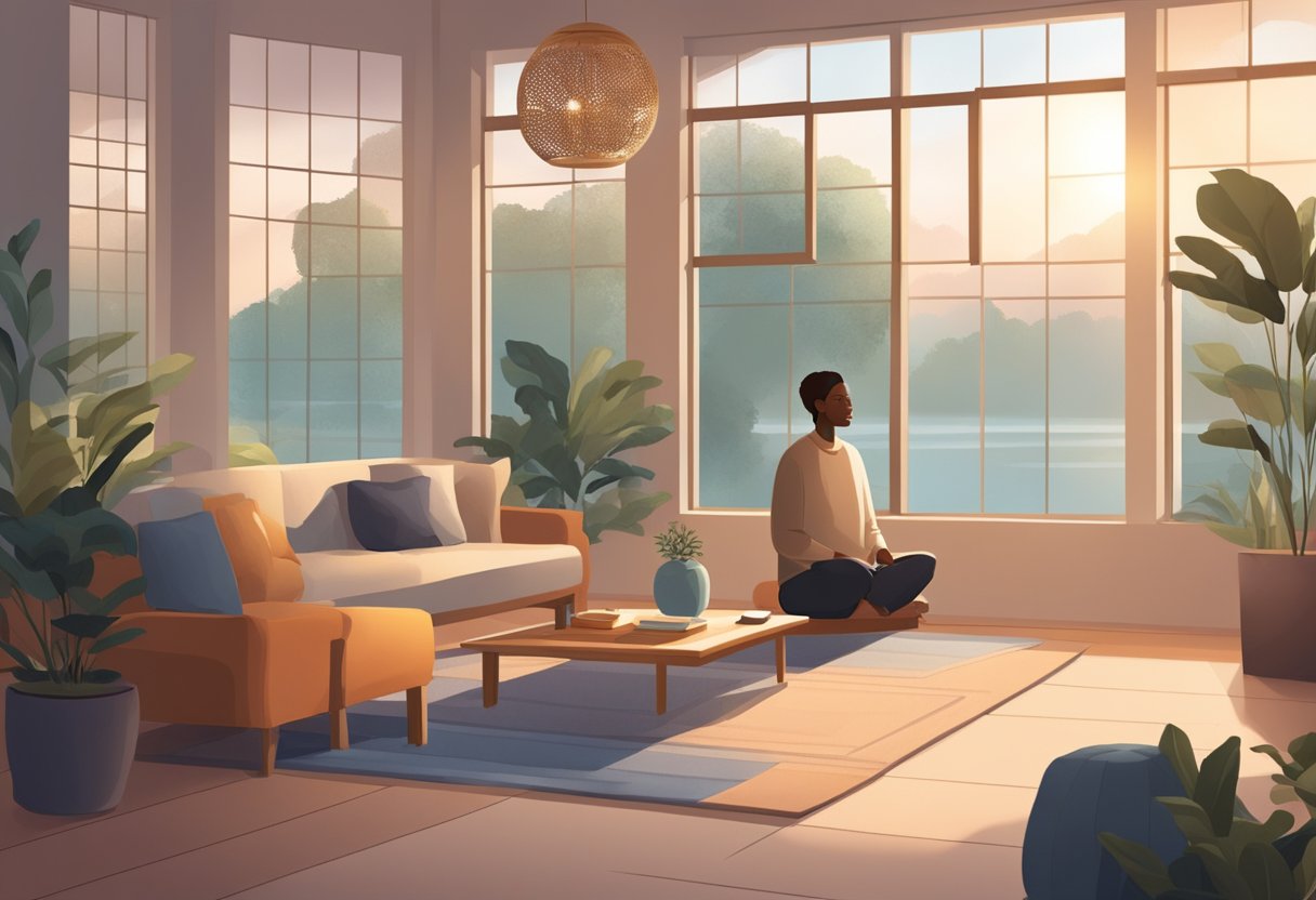 Addressing Anxiety and Stress Related to Homework: Effective Coping Strategies Anxiety LearningMole A serene setting with soft lighting, comfortable seating, and calming decor. A person may be seen practicing deep breathing or meditation