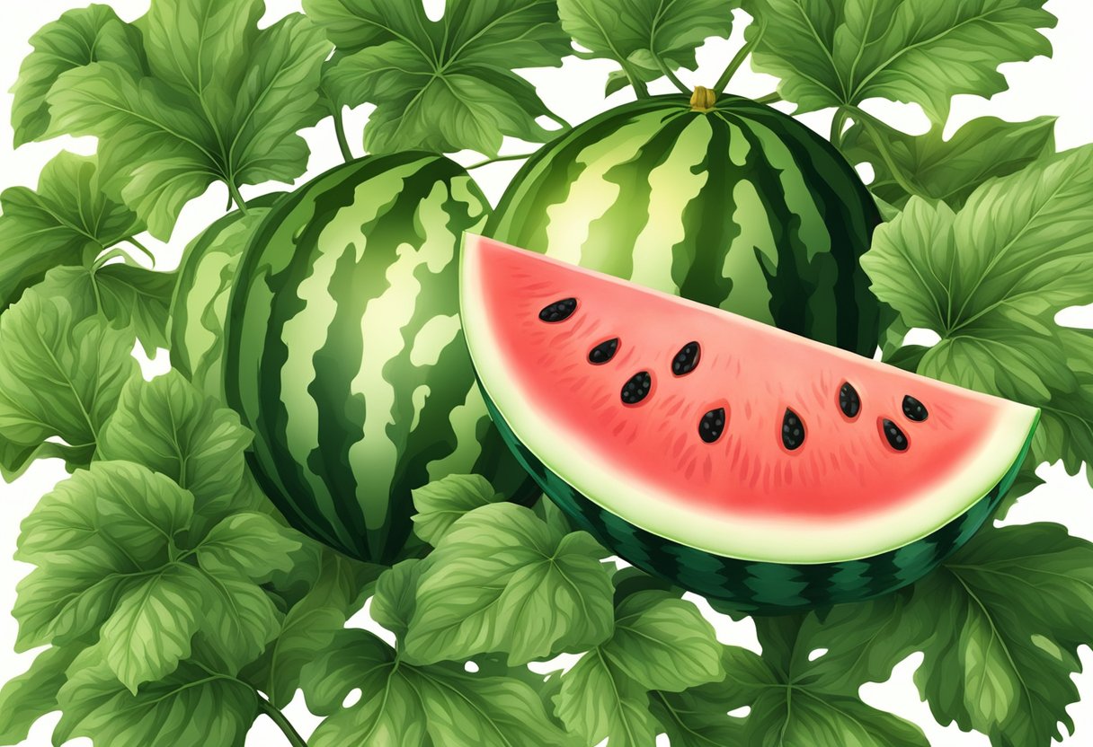 Ripe watermelon on vine, surrounded by green leaves, under a bright sun