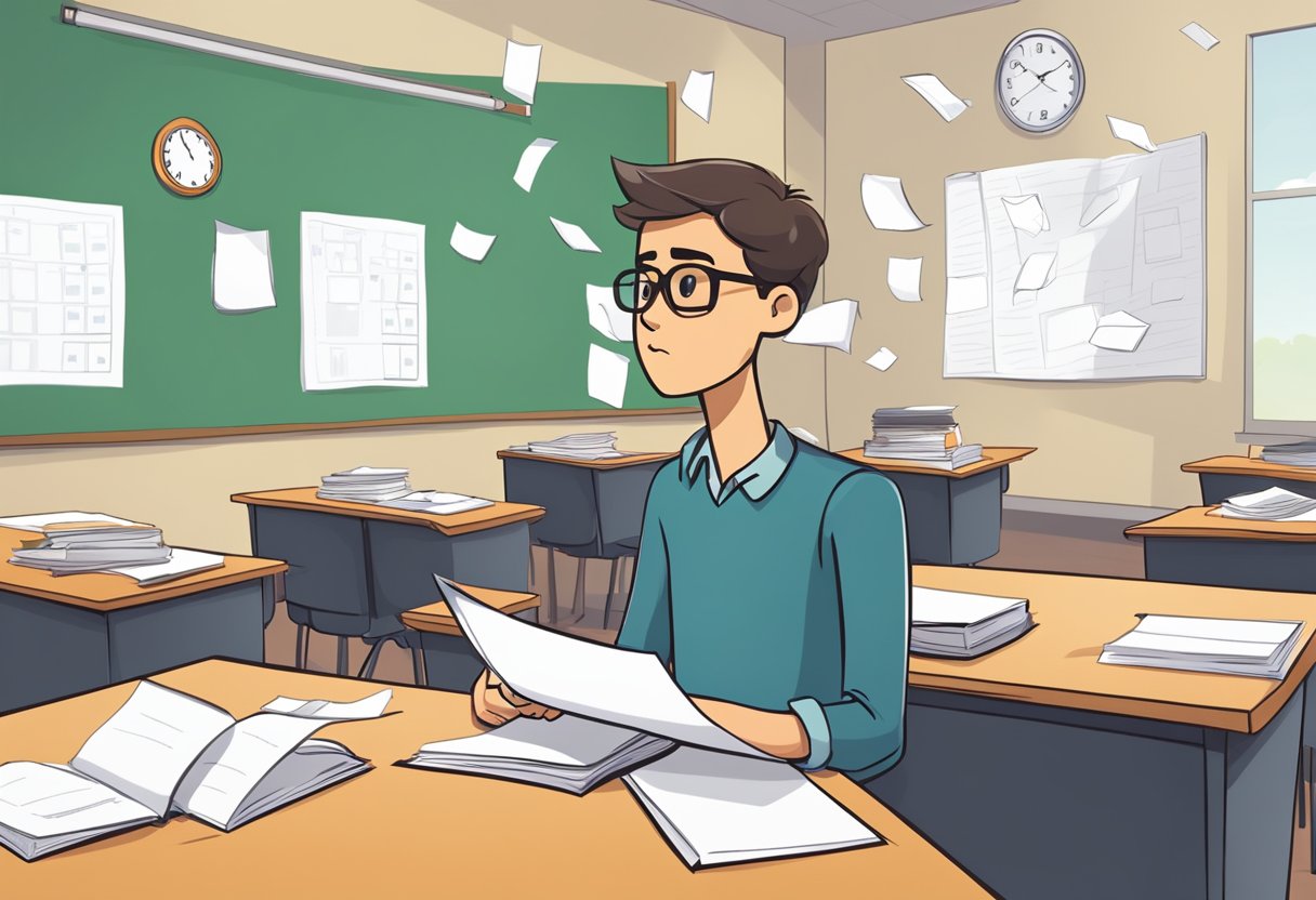 Addressing Anxiety and Stress Related to Homework: Effective Coping Strategies Anxiety LearningMole A classroom with scattered papers, a clock ticking, and a student with a furrowed brow staring at a blank page