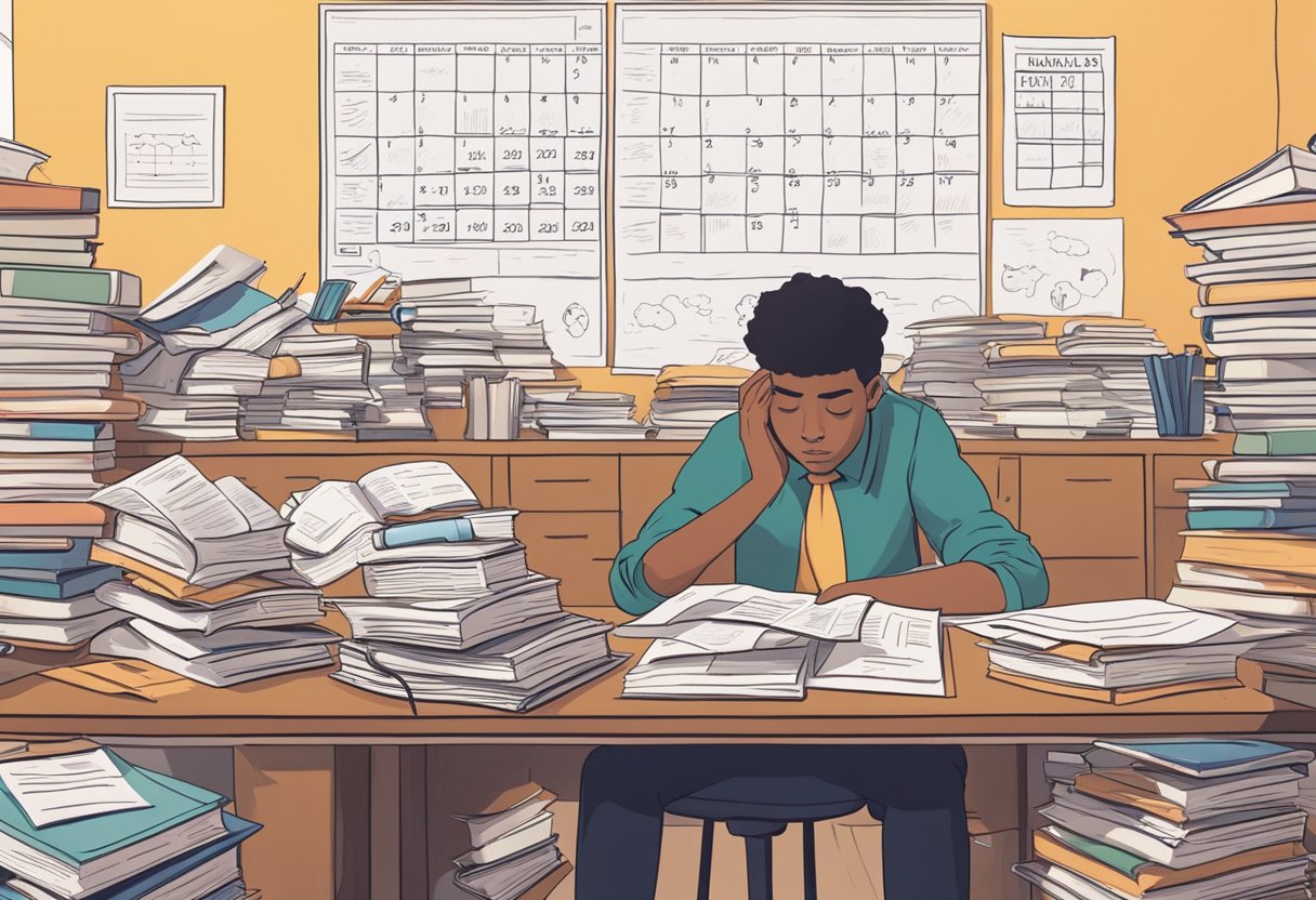 Addressing Anxiety and Stress Related to Homework: Effective Coping Strategies Anxiety LearningMole A student sits at a desk surrounded by books and papers, looking overwhelmed. A calendar on the wall shows deadlines. A thought bubble above the student's head depicts feelings of anxiety and stress