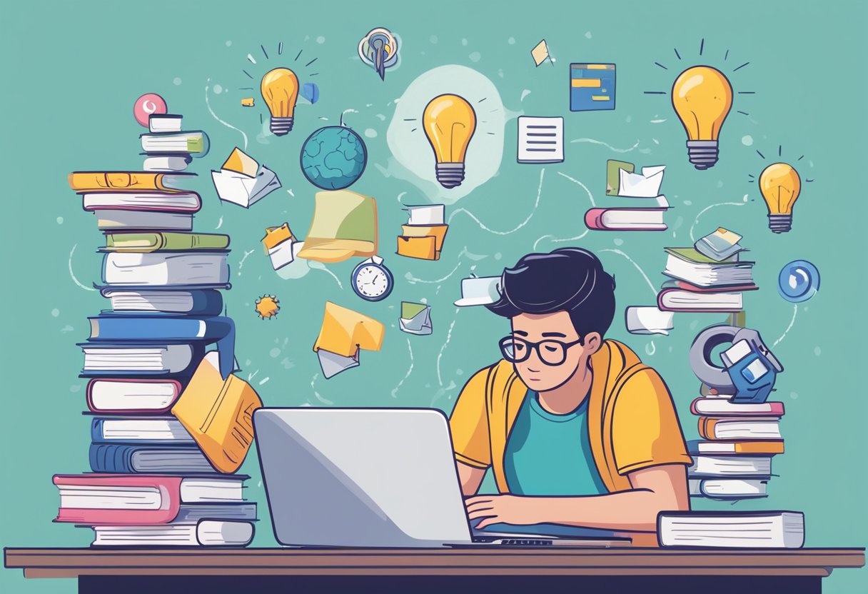 Addressing Anxiety and Stress Related to Homework: Effective Coping Strategies Anxiety LearningMole A person sitting at a desk surrounded by textbooks and a laptop, looking overwhelmed. Social media icons and notifications buzzing around them, adding to their stress